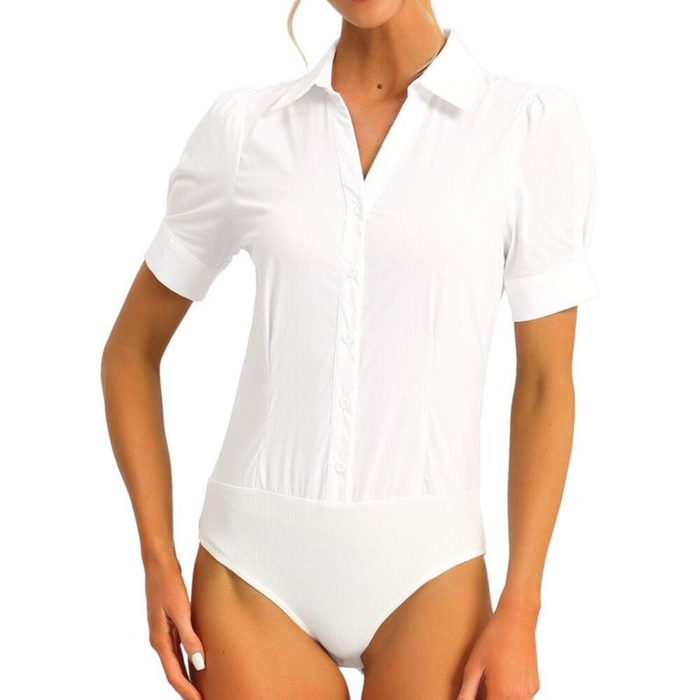Women's Office Short Sleeve Button-Down Work Shirt Bodysuit - White XS